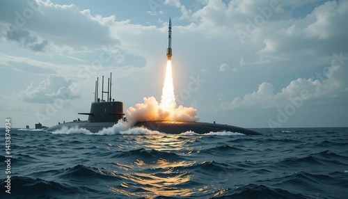 Nuclear war. Launch nuclear ballistic intercontinental missile from submarine. nuclear missile rises from submarine, terrifying symbol of global military tension.