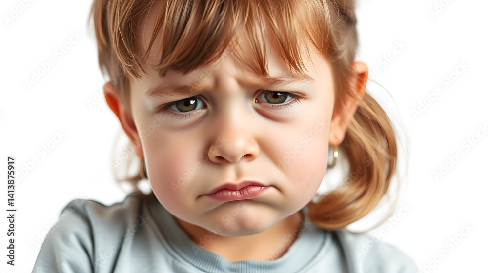 Sad upset child pouts purses lips, looks with sorrowful expression at camera, smirks face,isolated white background. apology expresses regret. Children negative emotions and feelings,facial expression Sad upset child pouts purses lips, looks with sorrowful expression at camera, smirks face,isolated white background. apology expresses regret. Children negative emotions and feelings,facial expression