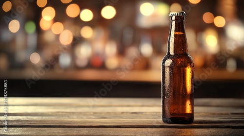 beer bottle on a classic wooden table, mockup style , vintage bokeh bar background  
