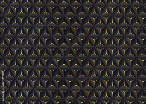 3D geometric pattern with gold light glowing triangles. Dark low poly triangular shapes background vector illustration.