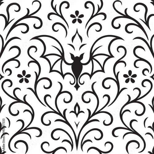 seamless gothic pattern which bats and floral ornaments motifs in black and white Japanese style