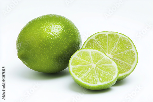A whole lime alongside a halved one, isolated on a white background