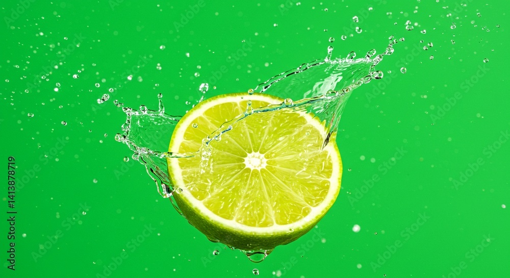 Floating sliced lime with dynamic water splash and droplets Floating sliced lime with dynamic water splash and droplets