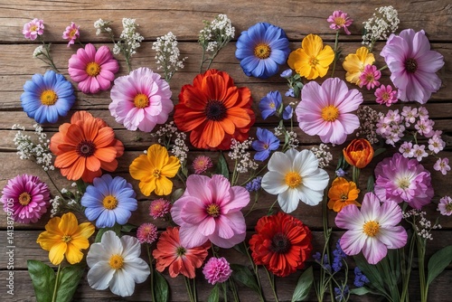 Vibrant Floral Garden Blooms on Rustic Wooden Background