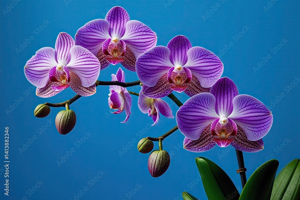 Obraz premium Elegant Photography Template Featuring Vibrant Orchids on a Luminous Blue Backdrop