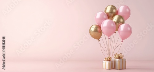Pink and Gold Balloons with Gifts on a Light Pink Background photo