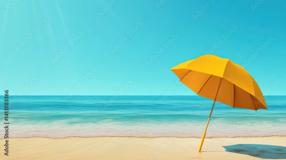 Yellow beach umbrella sunny ocean shore summer vacation travel Yellow beach umbrella sunny ocean shore summer vacation travel