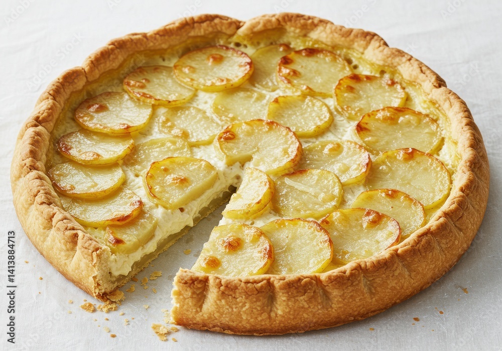 A delicious potato tart with a slice cut out showing the creamy filling and potato topping so appetizing A delicious potato tart with a slice cut out showing the creamy filling and potato topping so appetizing