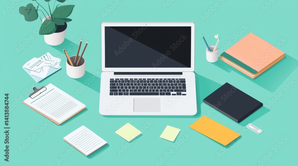 Minimalist office vector featuring a laptop Minimalist office vector featuring a laptop