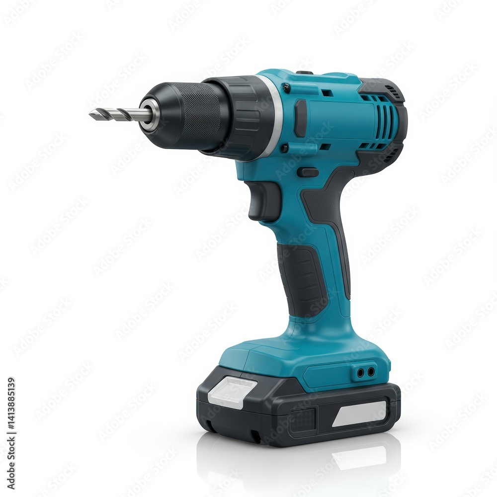 Cordless Drill with Battery and Drill Bit Isolated on White Cordless Drill with Battery and Drill Bit Isolated on White