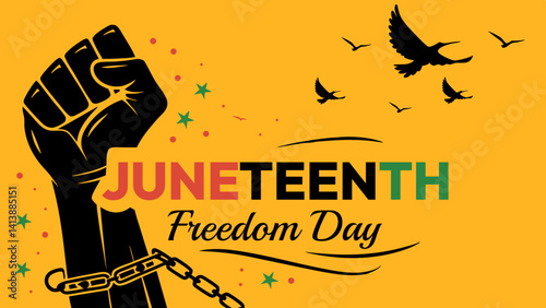 Juneteenth Freedom Day Vector Illustration – Raised Fist with Broken Chain, Birds, and African American Liberation Colors