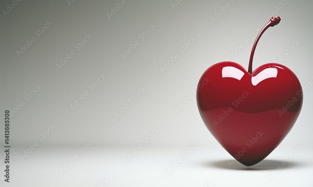 Obraz premium Red heart symbol with cherry stem. Concept of love, romance, and Valentine's Day. Graphic illustration for holiday card, wedding invitation, or romantic backdrop