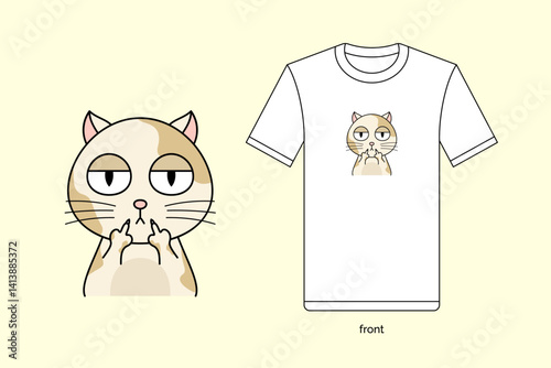 Cute cat animals showing gesture middle finge. Illustration vector design with T-shirt mockup. EPS 10