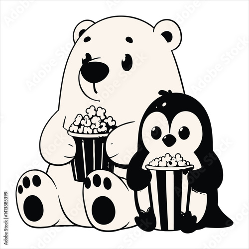 Adorable Cartoon Polar Bear and Penguin Sharing Popcorn in Cute Movie Night Scene