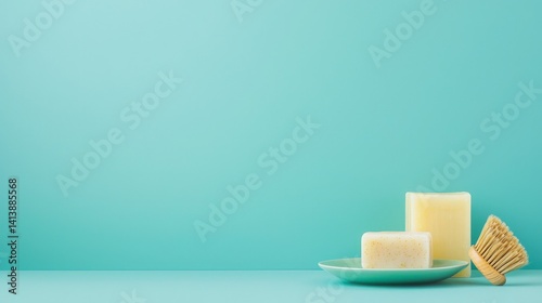 A minimalist display featuring bars of soap on a turquoise plate, complemented by a natural bristle brush, evoking a fresh and clean aesthetic.