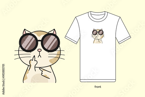 Cute cat animals showing gesture middle finge. Illustration vector design with T-shirt mockup. EPS 10