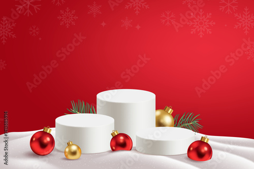 Merry Christmas banner with stage product display cylindrical shape and festive decoration in snow for christmas sale or advertising red template