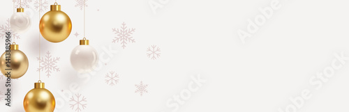 Merry Christmas and happy New Year background, elegant Christmas and new year border design with gold green, white, blue, brown Christmas ball, text space, snowflakes