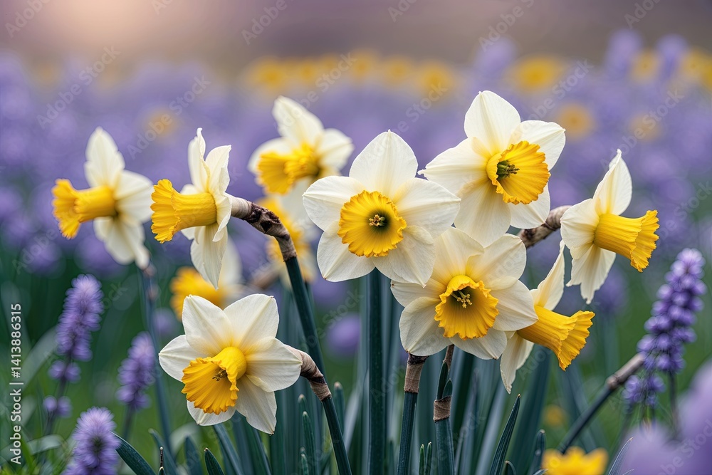 Fototapeta premium Vibrant Yellow Daffodils in a Lush Summer Meadow with Gentle Lavender Bokeh