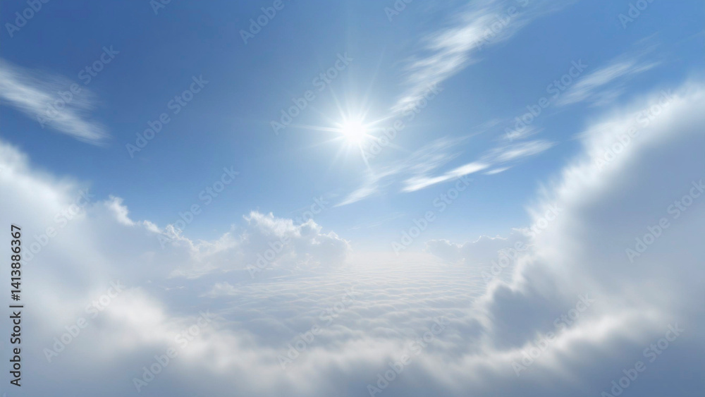 Blue sky background with white clouds and sun.