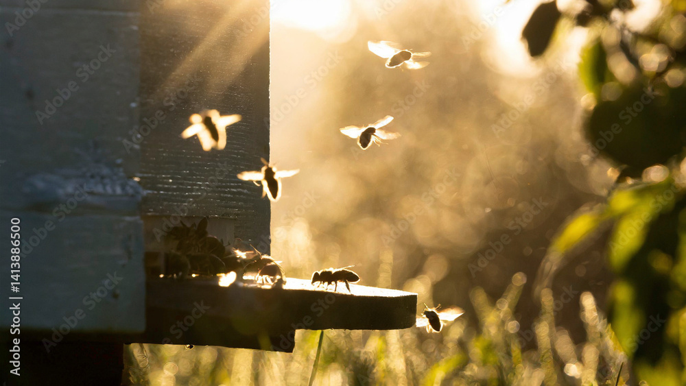 Bees flying out of the hive at sunset. Beekeeping concept