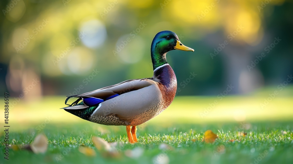 Obraz premium Male mallard duck park autumn grass sunlight nature