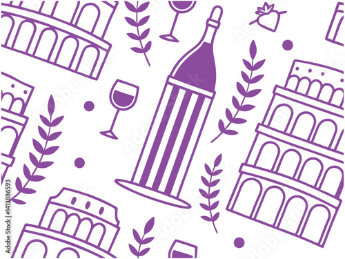 Roman Italy Pattern with Wine Bottle, Glasses and Colosseum Icons in Purple. Rome, wine, Italy, pattern, purple, colosseum, landmark, vector, travel, leaf