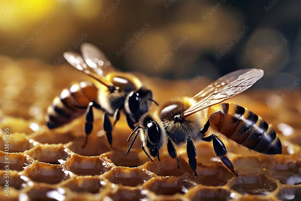 Close up view of the working bees on honeycells. Beekeeping concept.