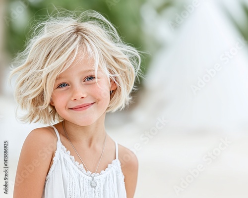 closeup outdoor portrait of happy caucasian young girl looking at camera and smiling, concept of childhood and summer vacation, for website or greeting card