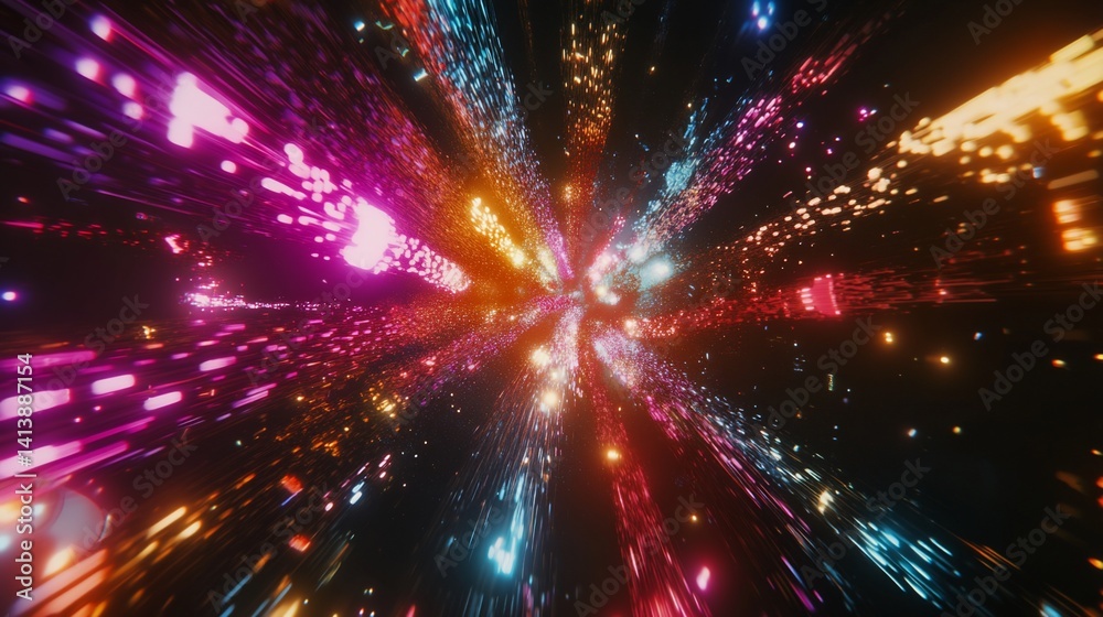 Neon Lights Hyperspace Tunnel: A vibrant journey through a cosmic tunnel filled with dazzling neon lights and vibrant colors.
