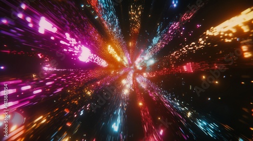 Obraz na płótnie Neon Lights Hyperspace Tunnel: A vibrant journey through a cosmic tunnel filled with dazzling neon lights and vibrant colors. w salonie