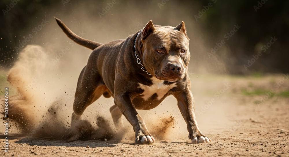 Fototapeta premium Dog Running Fast on Dirt Ground with Dust Kicking Up