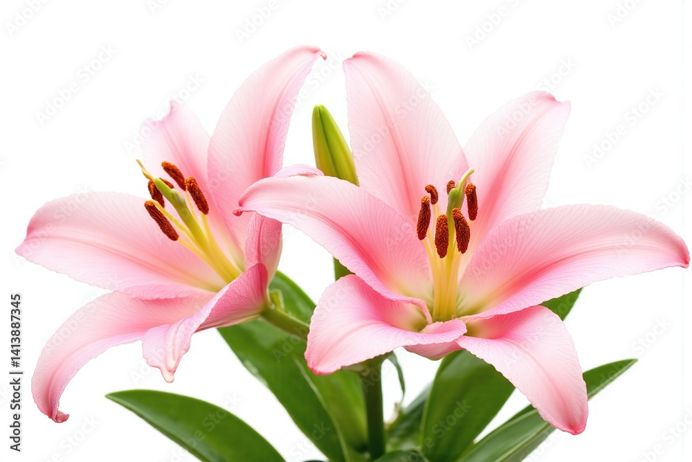 Fototapeta premium two pink lilies with green leaves on a white background