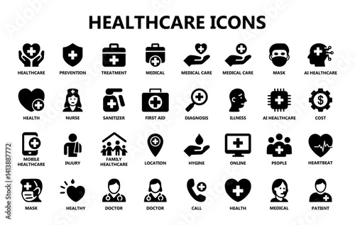 Vector set of healthcare and medical icons including doctor, treatment, AI healthcare, sanitizer, patient, diagnosis, hygiene, and more. Ideal for apps, websites, and health materials. Vector, icons,