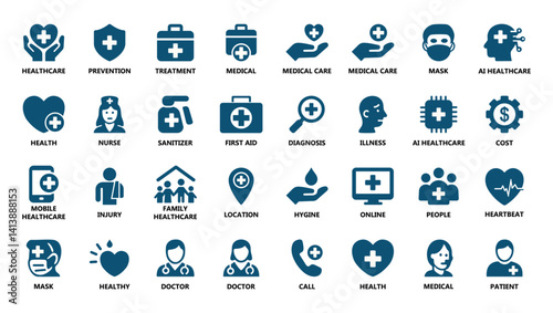 Vector set of healthcare and medical icons including doctor, treatment, AI healthcare, sanitizer, patient, diagnosis, hygiene, and more. Ideal for apps, websites, and health materials. Icons, vector.
