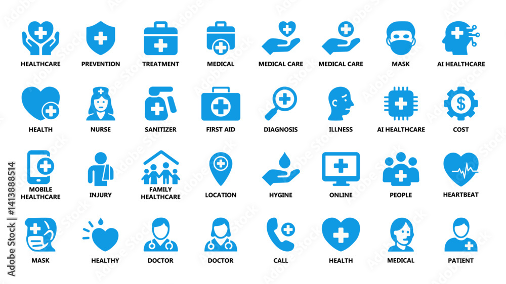 Vector set of healthcare and medical icons including doctor, treatment, AI healthcare, sanitizer, patient, diagnosis, hygiene, and more. Ideal for apps, websites, and health materials. Vector, icon. Vector set of healthcare and medical icons including doctor, treatment, AI healthcare, sanitizer, patient, diagnosis, hygiene, and more. Ideal for apps, websites, and health materials. Vector, icon.