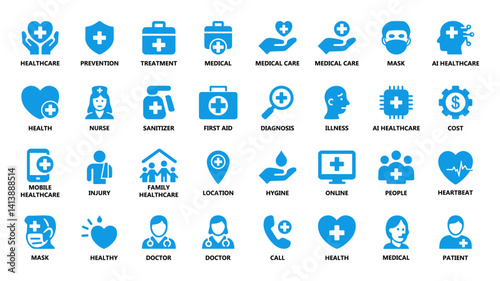 Vector set of healthcare and medical icons including doctor, treatment, AI healthcare, sanitizer, patient, diagnosis, hygiene, and more. Ideal for apps, websites, and health materials. Vector, icon.