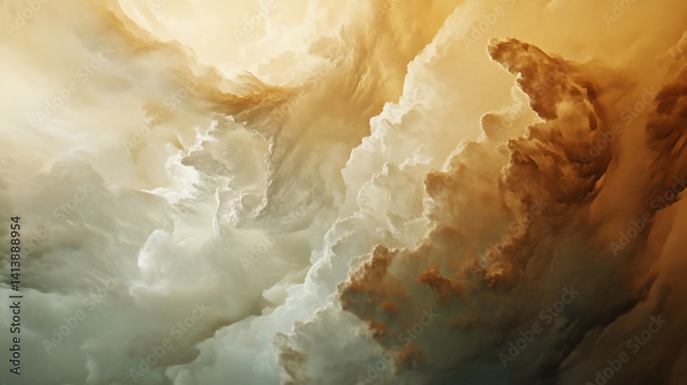 Celestial Cloudscape: A Dreamlike Panorama of Golden and Grey Hues