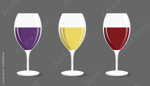 Wine Glasses Vector Illustration – Red, Purple & Yellow Wine in Elegant Glasses
