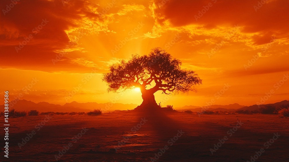 Sunset Silhouette: Tree in Desert Landscape