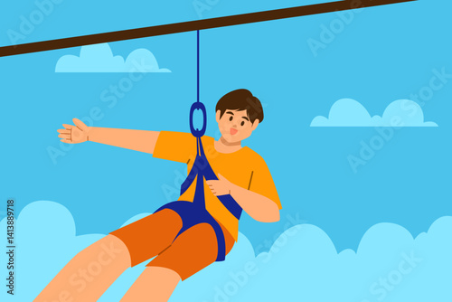 A young boy glides on a zipline across the sky, enjoying an exciting aerial adventure.