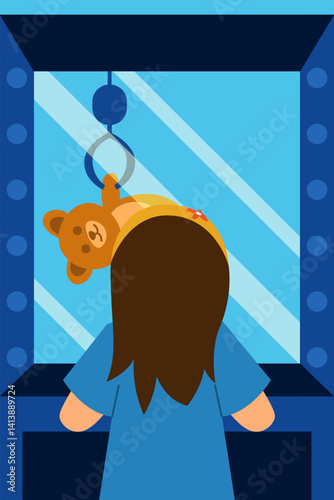 A girl focuses on winning a teddy bear from a claw machine at a carnival.
