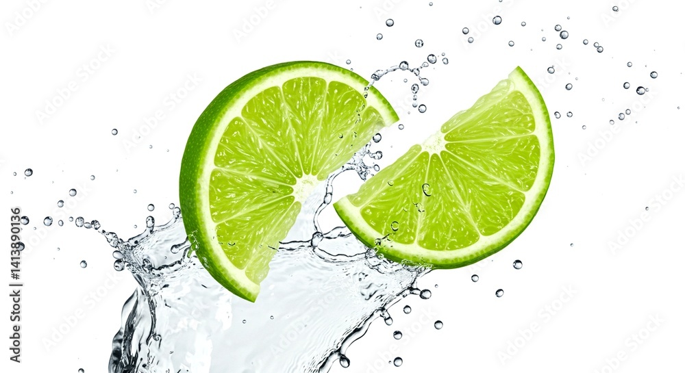 Mid-air lime slice with vivid splash and scattered water drops Mid-air lime slice with vivid splash and scattered water drops