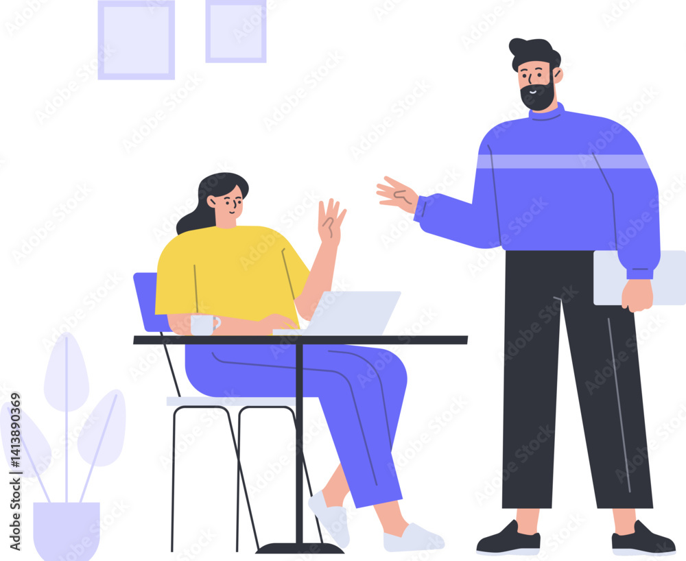 Fototapeta premium Work From Home Working Office Home Freelance Employee Online Character Cartoon Illustration Workspace Flexible Workplace Remote Company Laptop Job Project Computer