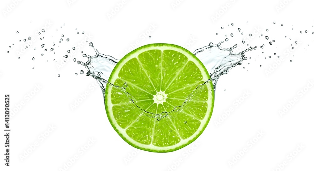 Mid-air lime slice with vivid splash and scattered water drops Mid-air lime slice with vivid splash and scattered water drops