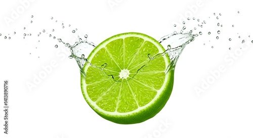 Mid-air lime slice with vivid splash and scattered water drops