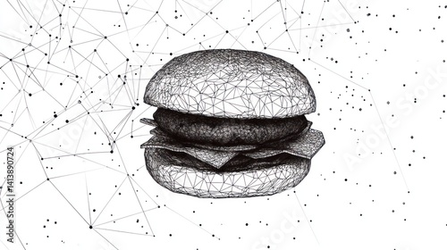 Wireframe burger digital art, network background, food tech illustration