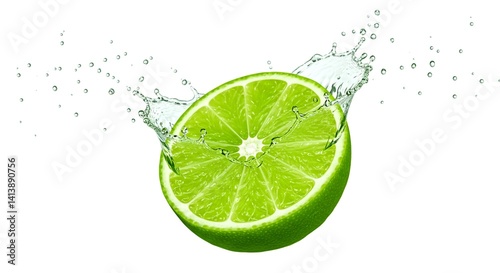 Mid-air lime slice with vivid splash and scattered water drops