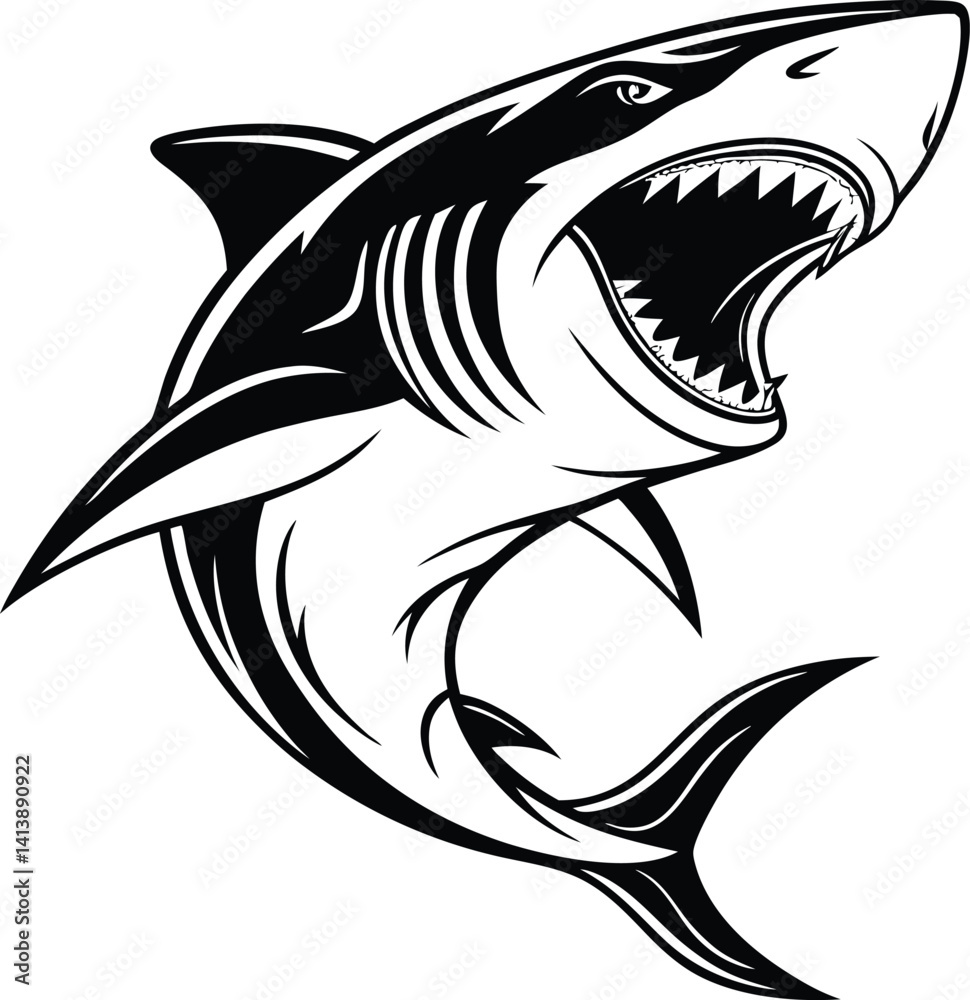 Naklejka premium Bold Shark Vector Illustration Aggressive Black and White Marine Design | Shark Vector