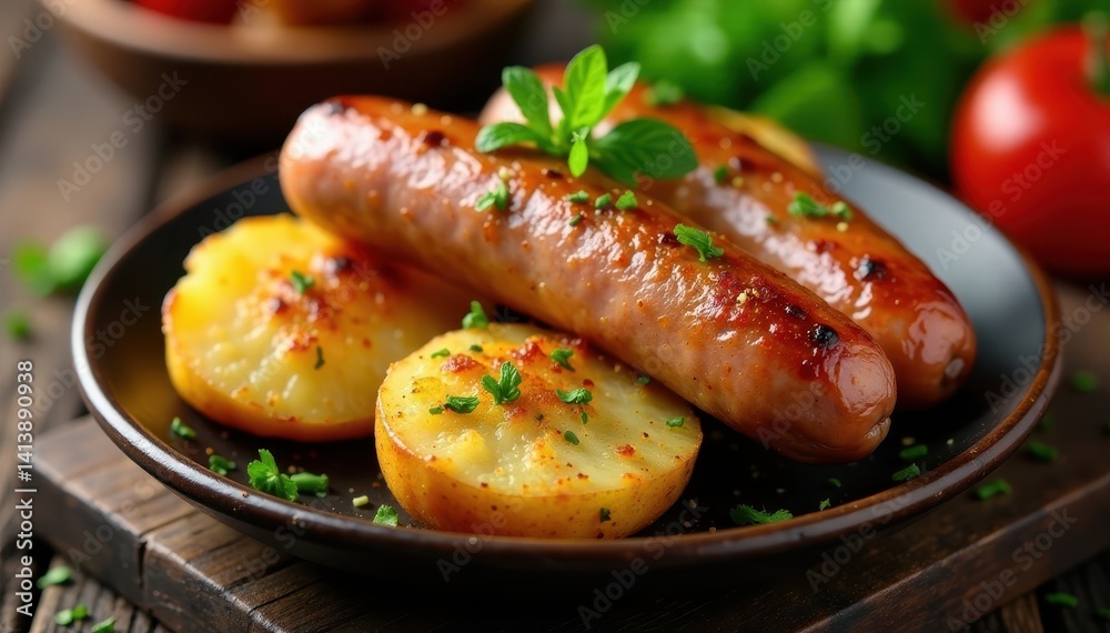 Golden brown potatoes & sausage, fragrant herbs, dark wood backdrop, texture, appetizing Golden brown potatoes & sausage, fragrant herbs, dark wood backdrop, texture, appetizing